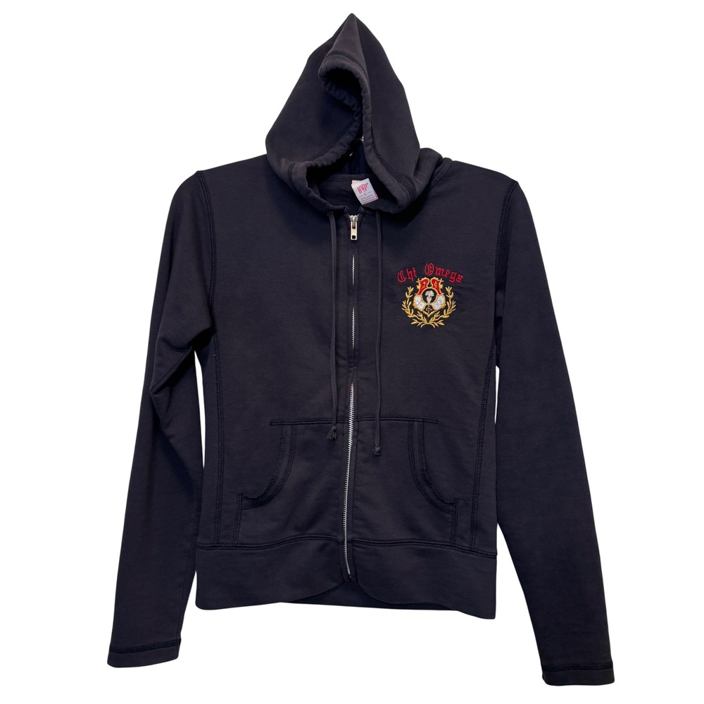 Vtg HYP Womens Zip Hoodie S Black Chi Omega Paisley Greek Collegiate Sorority